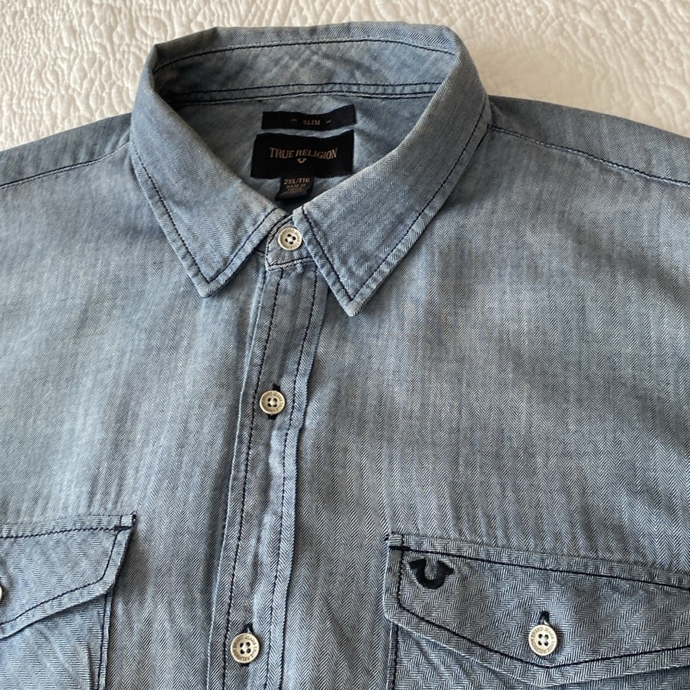 True Religion Men's Slim Herringbone Cotton Button Down